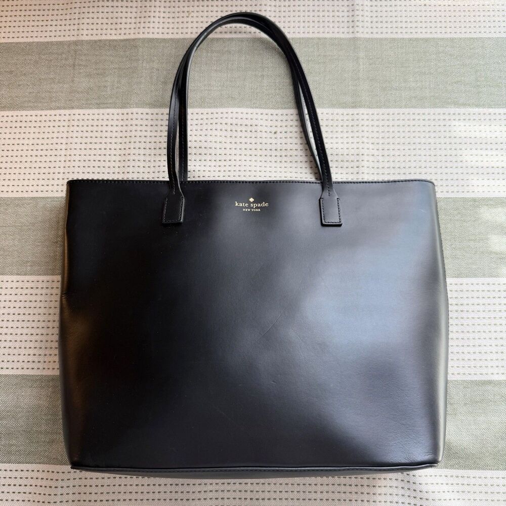 Kate Spade Large Black Leather Tote Purse 2 Handle Shoulder Bag Zip Closure